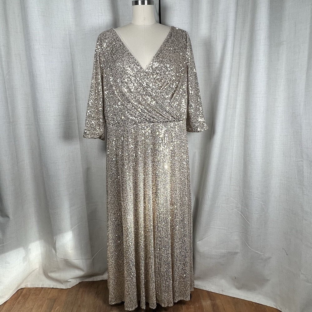 Oleg Cassini Gold Sequin V-Neck Gown Dress Plus Size 20w Mother of Bride/Groom